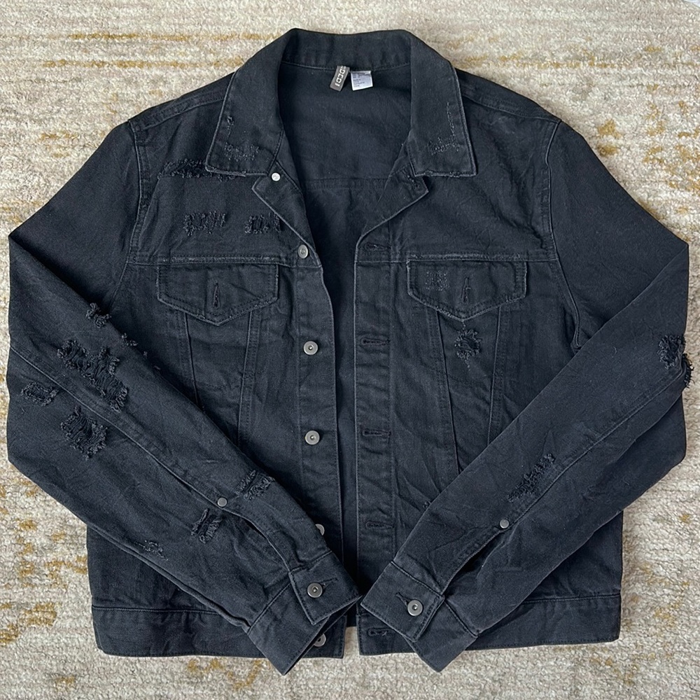 H&M Black Distressed Jean Jacket
